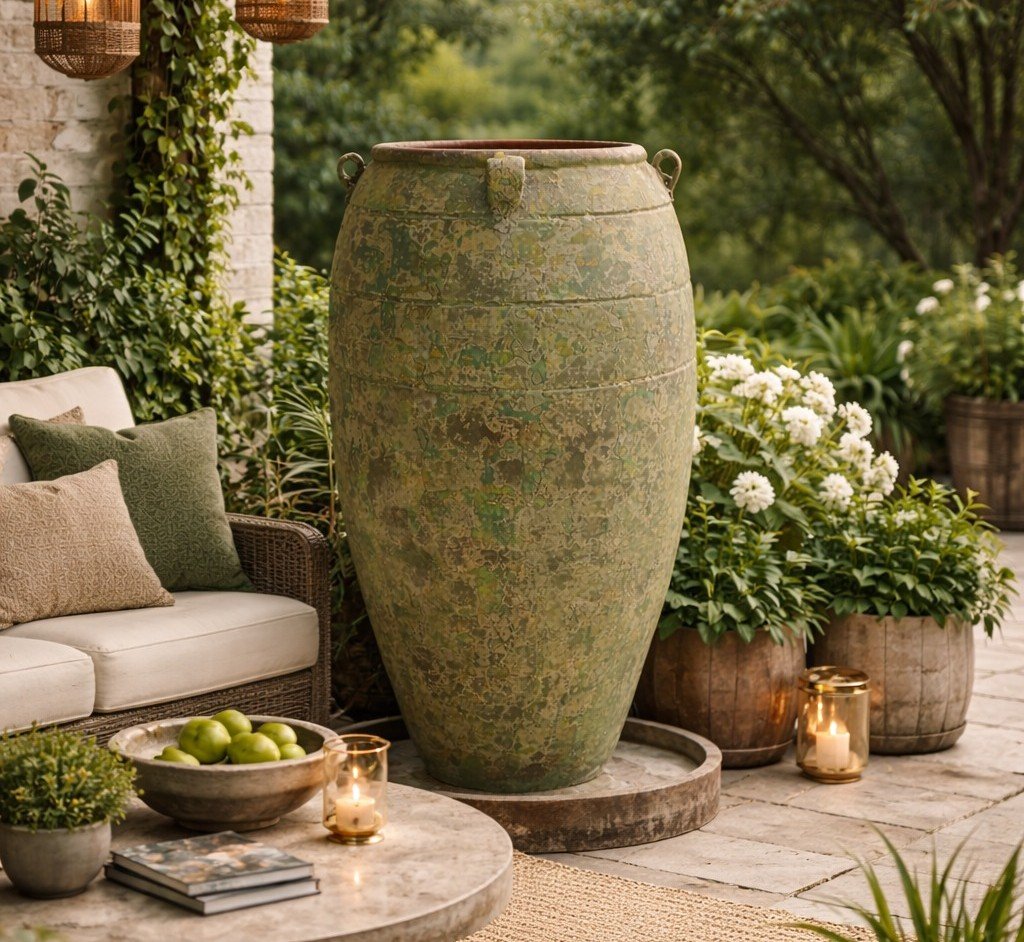 Jade Antique : grande jarre aux nuances de vert patiné, présentée dans un décor végétal