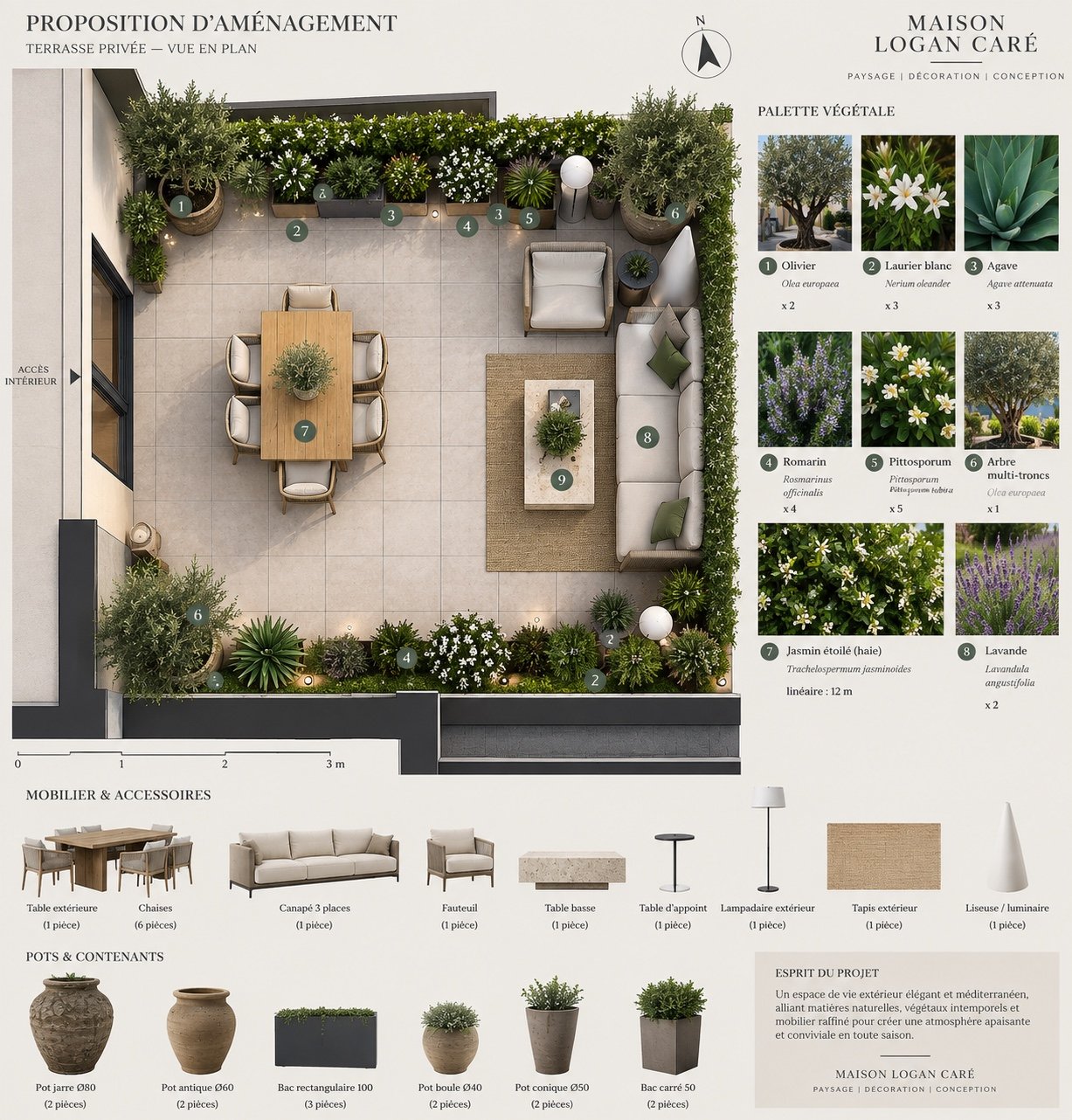 Plan d’aménagement d’une terrasse privée avec implantation du mobilier, palette végétale et contenants
